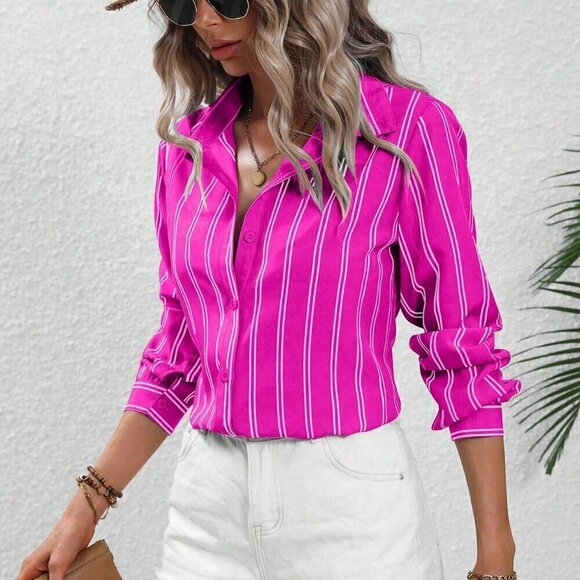 Hot Pink Casual Women's Striped Long Sleeve Shirt - Picture 3 of 6